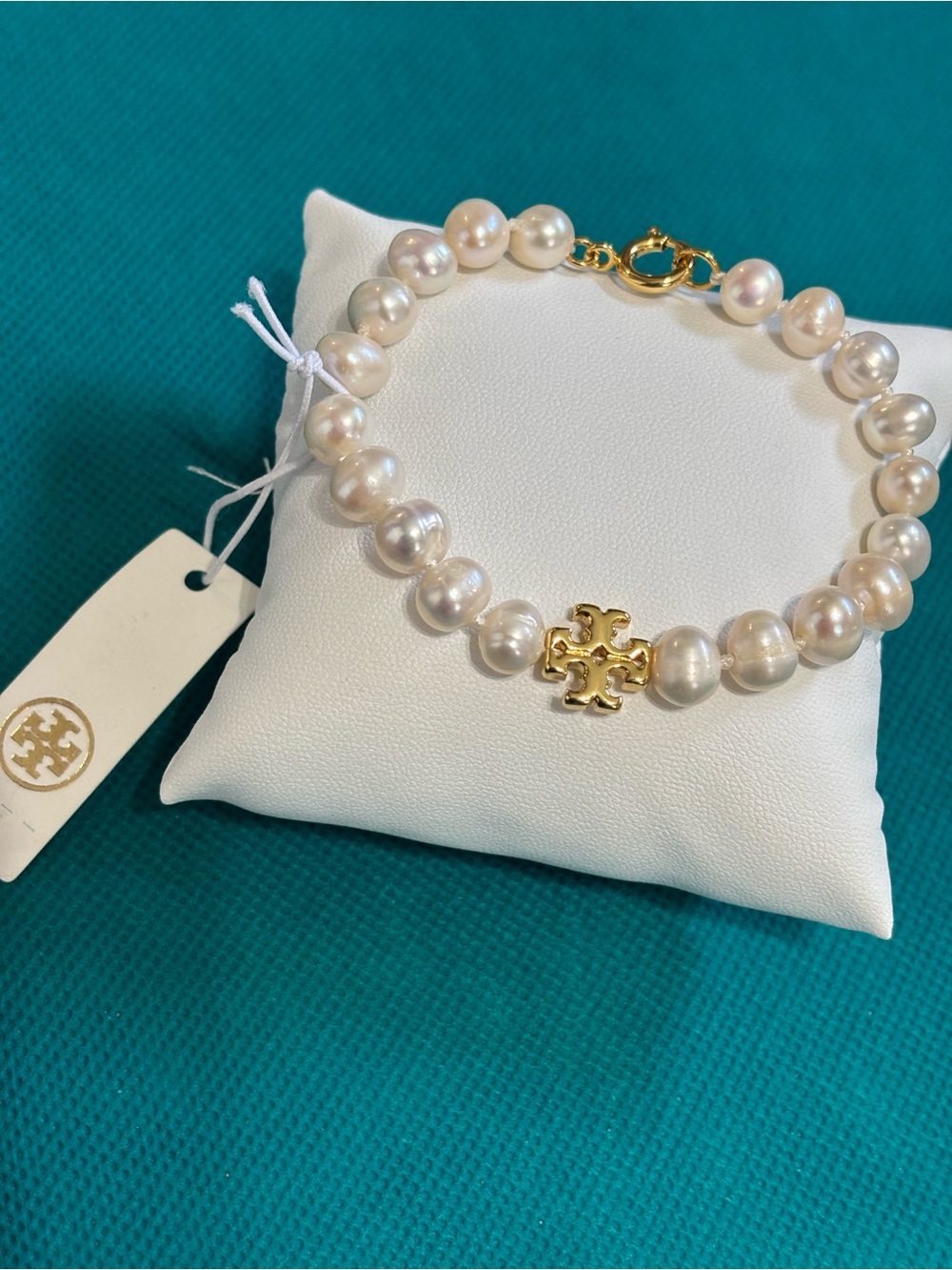 Tory Burch Cream Pearl Bracelet with Gold Logo Charm